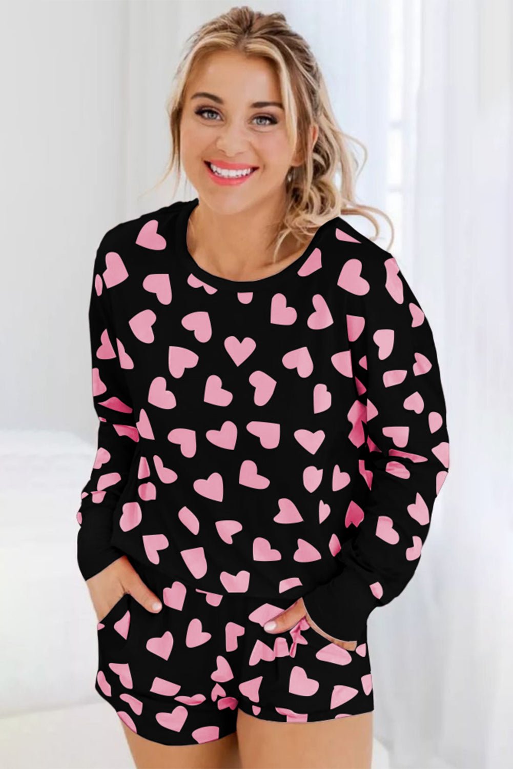 Black Valentine Heart Shape Print Long Sleeve Top Shorts Lounge Set - Naughty Girl Essentials