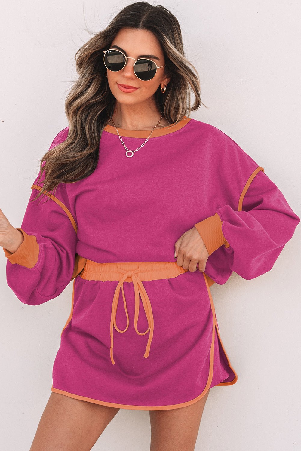 Black Color Contrast Loose Pullover and Lace - up Waist Skort Set - Naughty Girl Essentials