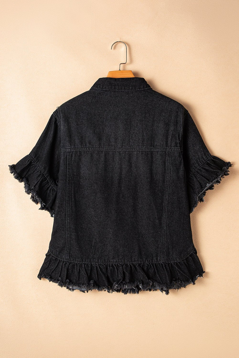 Black Raw Edge Ruffled Short Sleeve Denim Jacket - Naughty Girl Essentials