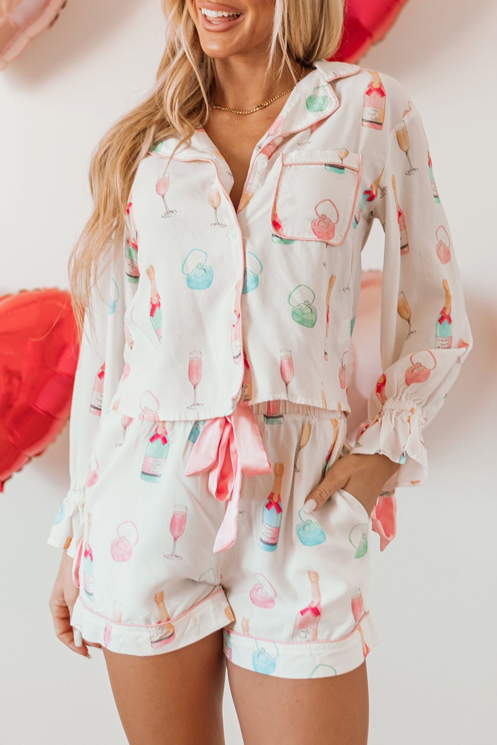 White Christmas Wine Glass Print Bow Knot Two Piece Pajama Set - Naughty Girl Essentials