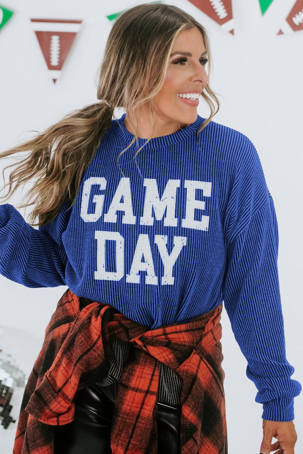 Bluing Corded GAME DAY Graphic Long Sleeve Crewneck Top - Naughty Girl Essentials