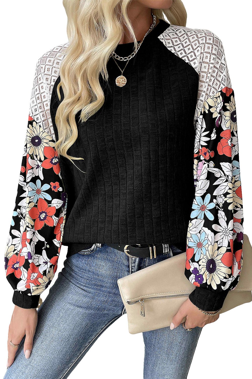 Laurel Green Floral Patchwork Long Sleeve Ribbed Blouse - Naughty Girl Essentials