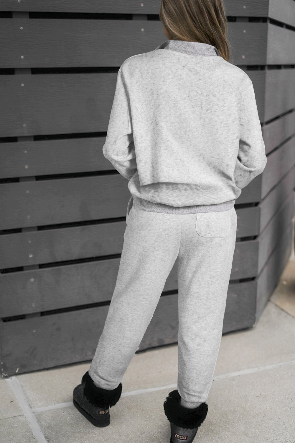Light Grey Solid Zip Pullover Top and Drawstring Joggers Set - Naughty Girl Essentials