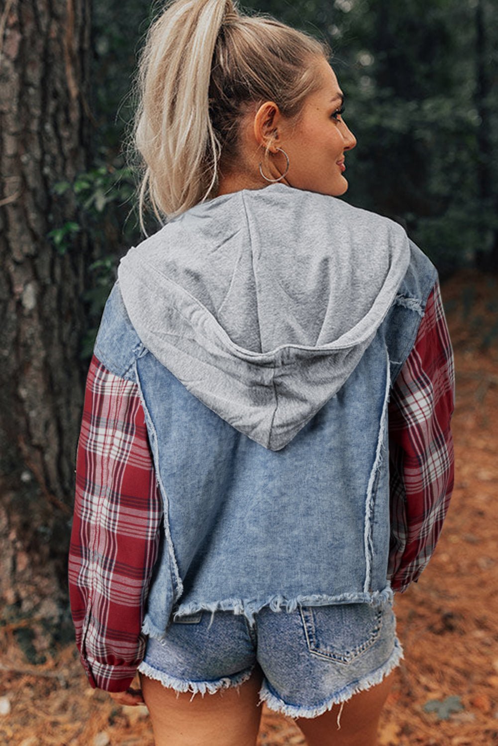 Beau Blue Plaid Print Patchwork Hooded Raw Hem Denim Jacket - Naughty Girl Essentials