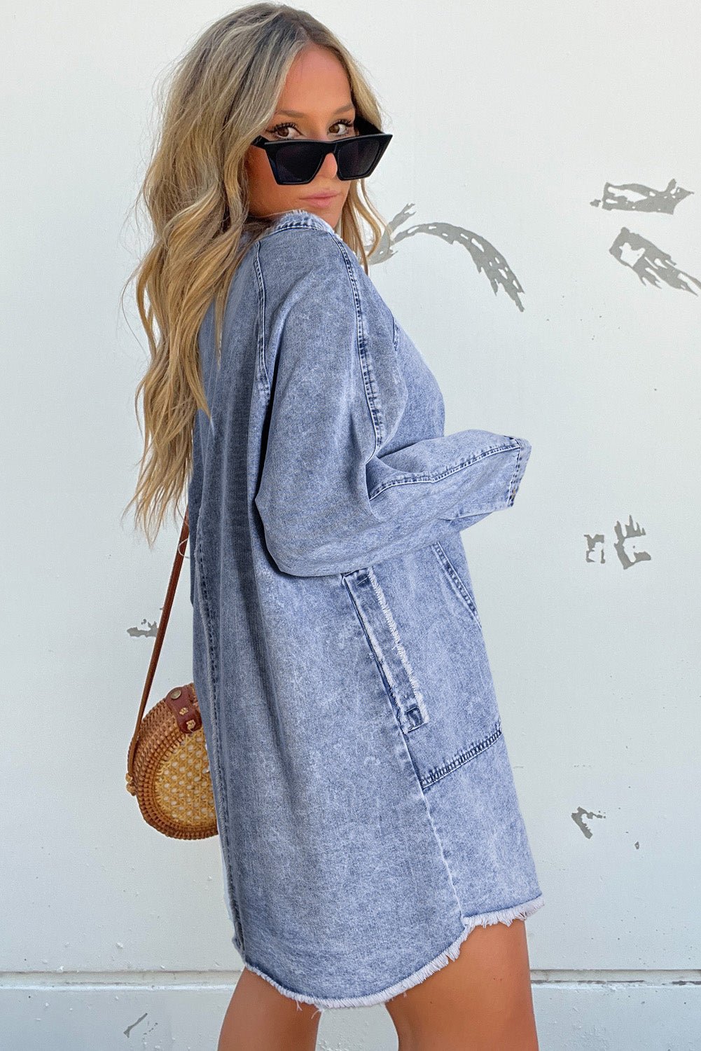 Beau Blue Mineral Wash Long Sleeve Button Up Raw Hem Pocketed Denim Dress - Naughty Girl Essentials