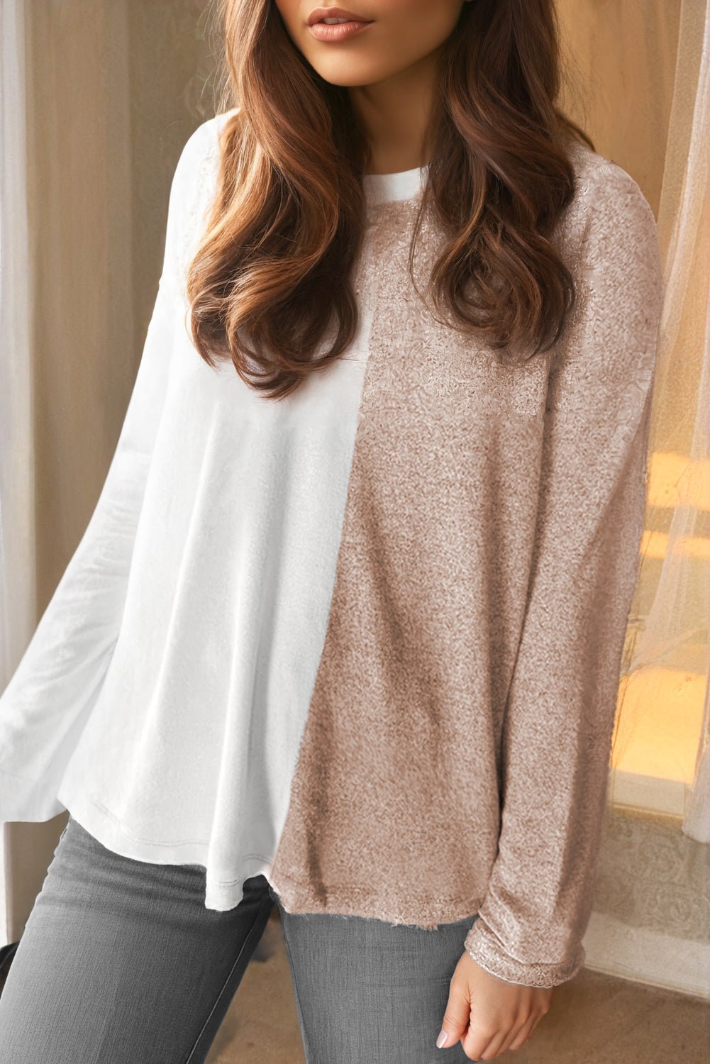 Khaki Colorblock Long Sleeve Crew Neck Top - Naughty Girl Essentials
