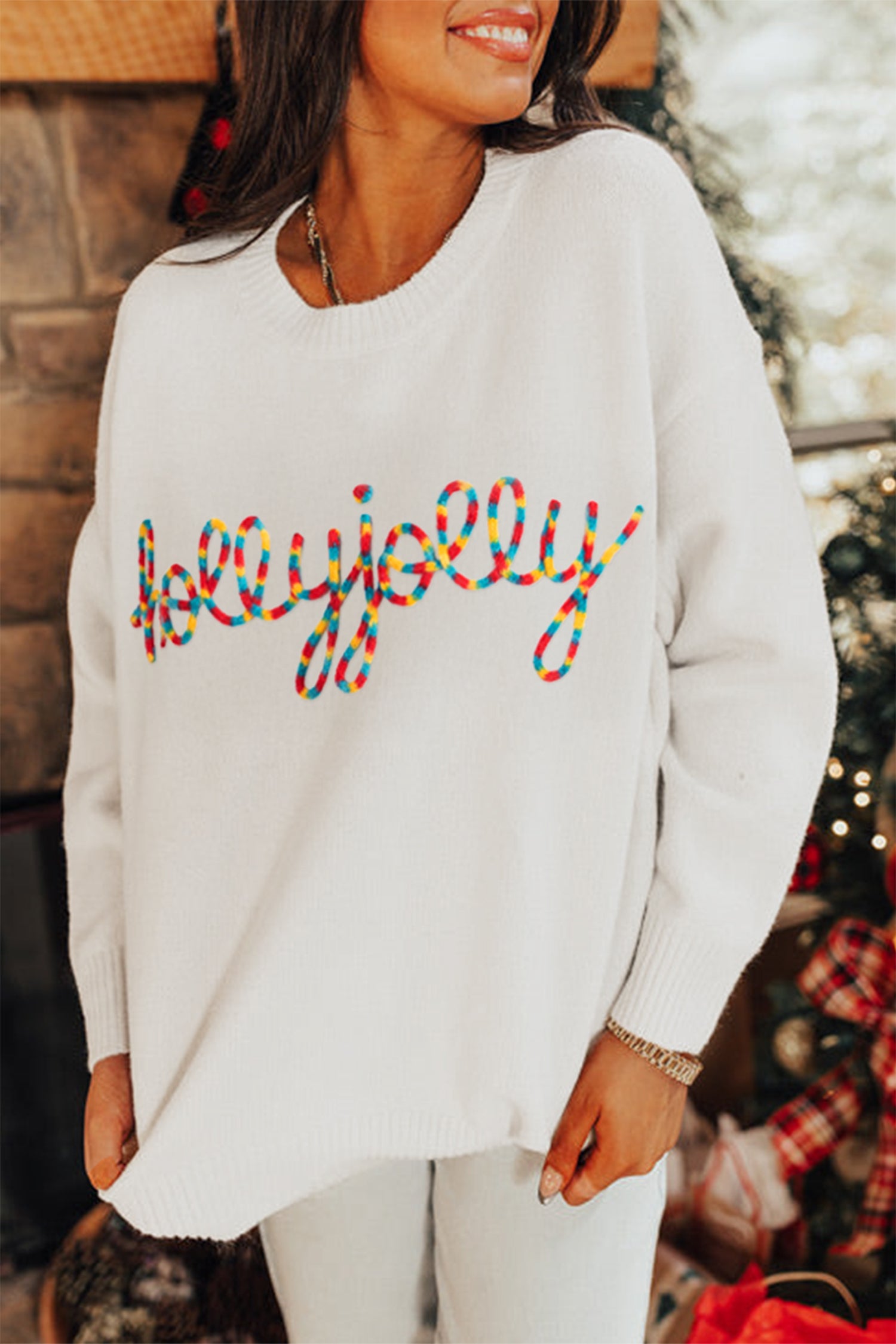 Beige Colorful “Holly Jolly Christmas” Knit Loose Sweater