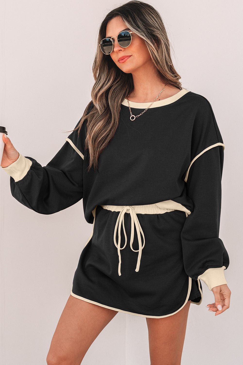 Black Color Contrast Loose Pullover and Lace - up Waist Skort Set - Naughty Girl Essentials