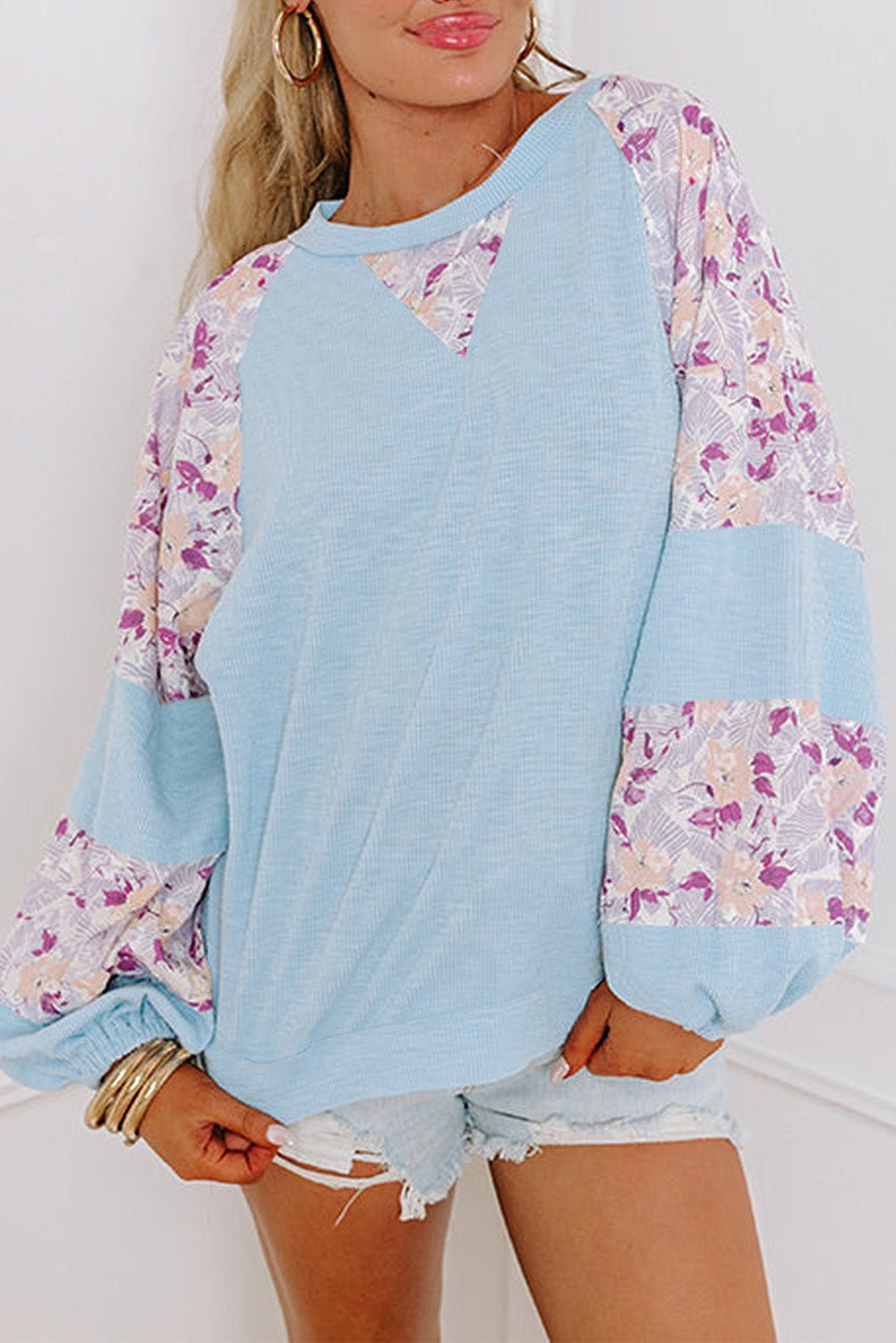 Beau Blue Textured Floral Patchwork Balloon Sleeve Blouse - Naughty Girl Essentials
