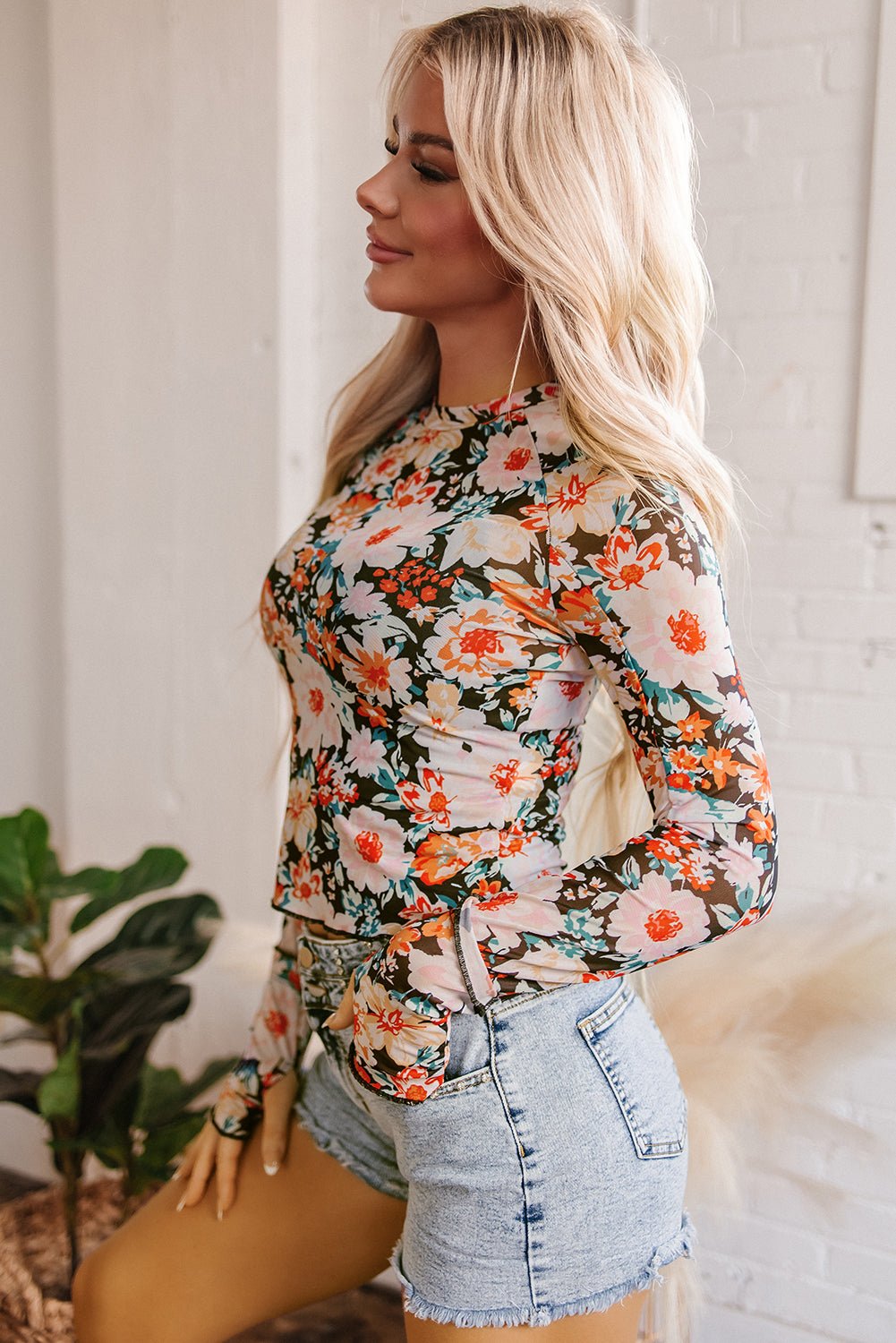 Orange Floral Mesh Slim Long Sleeve Crop Top - Naughty Girl Essentials