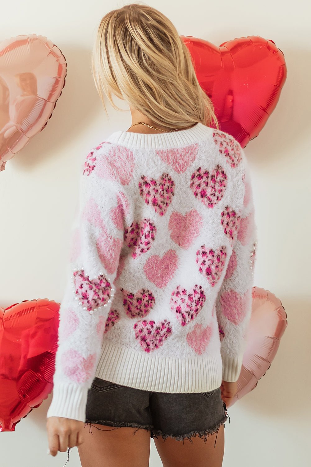 Pink Heart Leopard Print Pearled Ribbed Trim Fuzzy Sweater - Naughty Girl Essentials