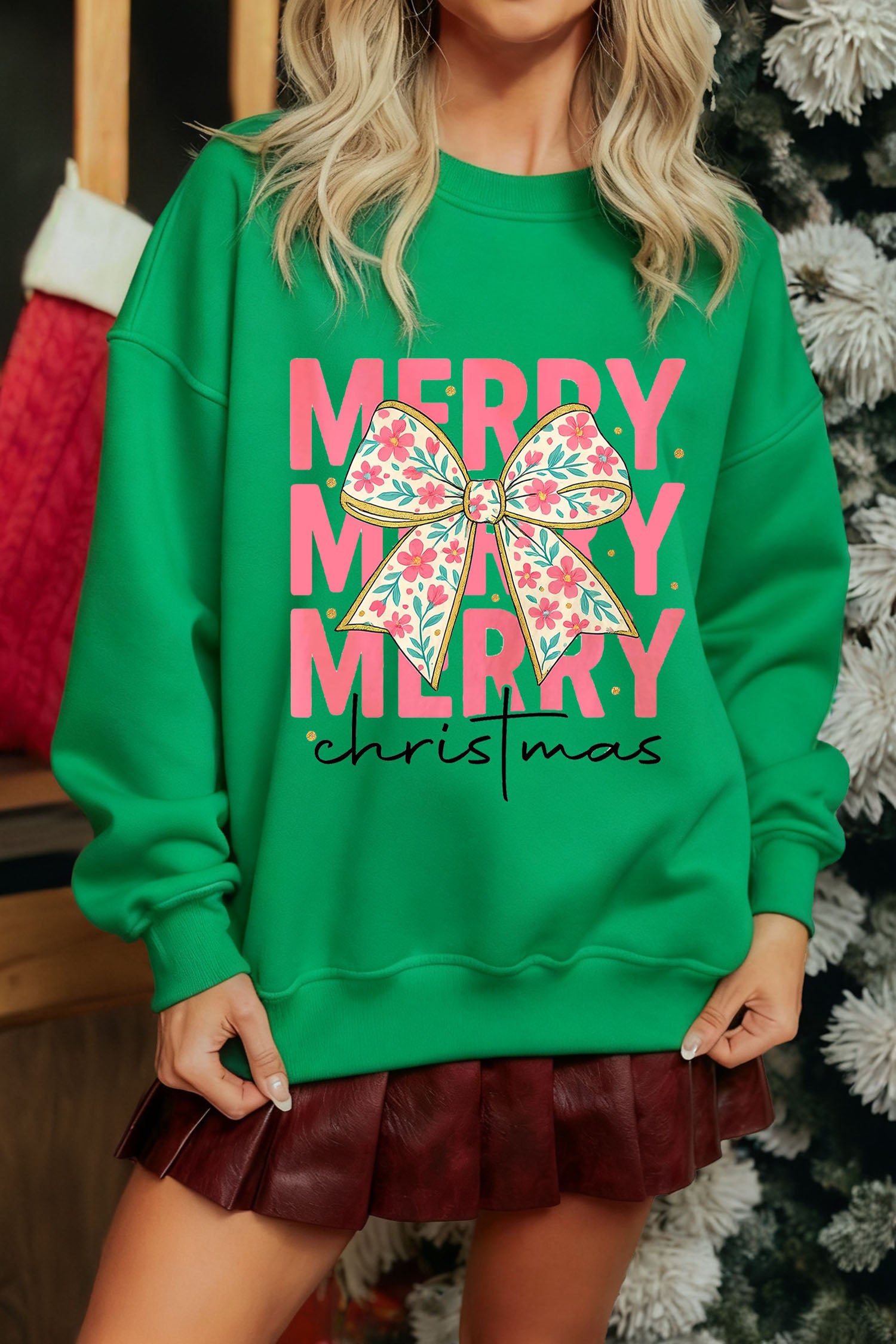 Dark Green “MERRY Christmas” Floral Bow Graphic Drop Shoulder Sweatshirt