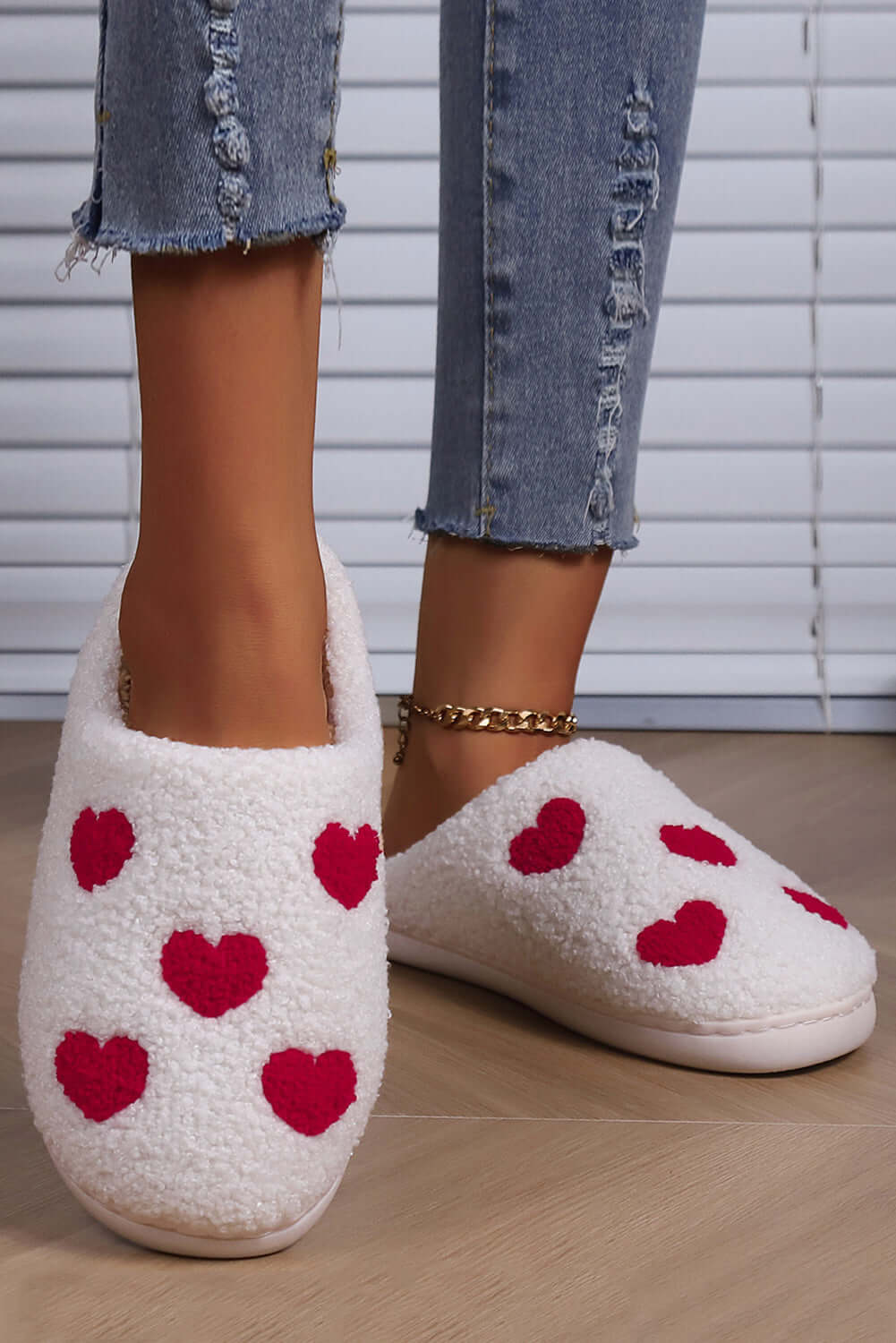 White Valentines Day Hearts Print Plush House Slippers - Naughty Girl Essentials