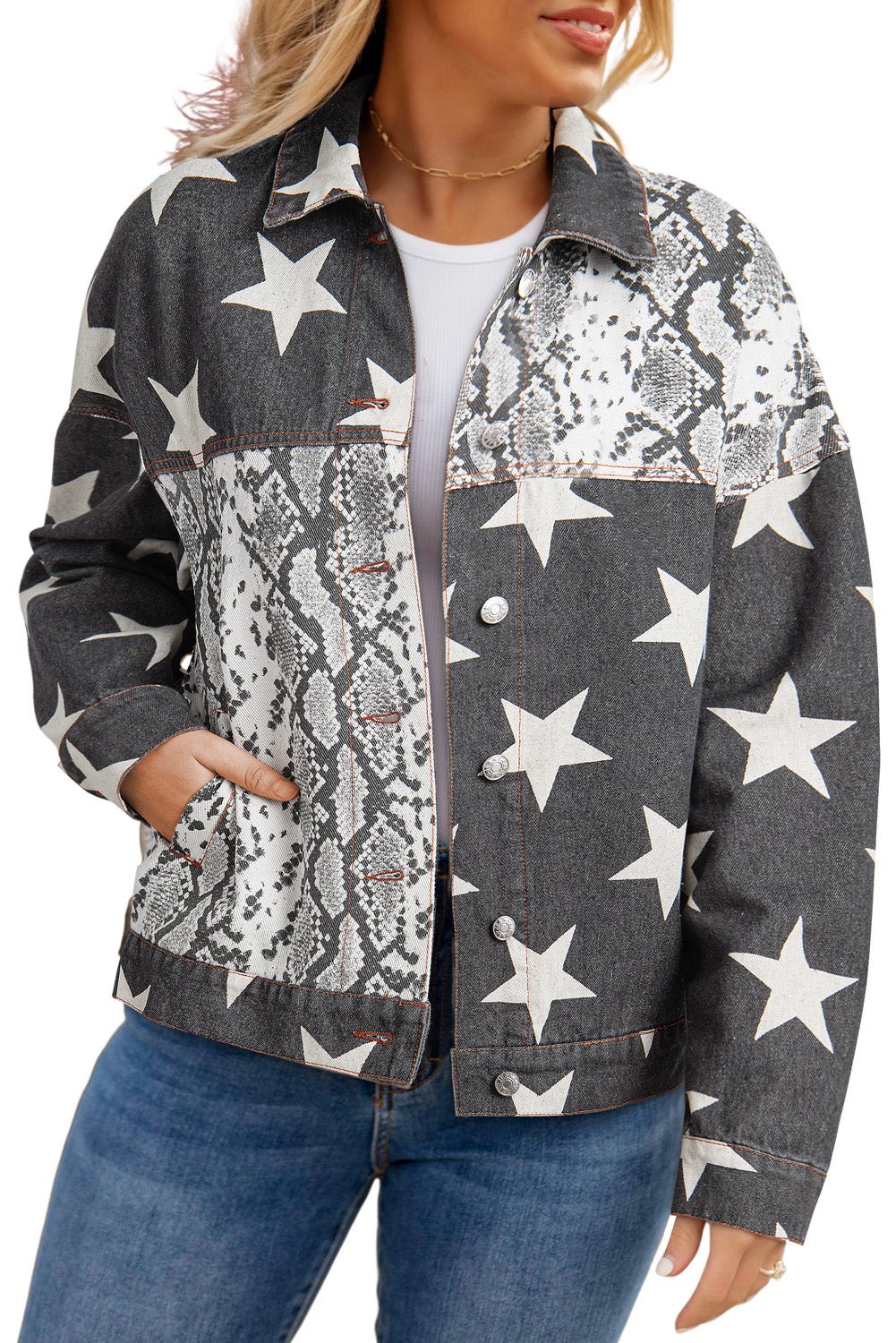 Black Star Snakeskin Printed Patchwork Denim Jacket - Naughty Girl Essentials