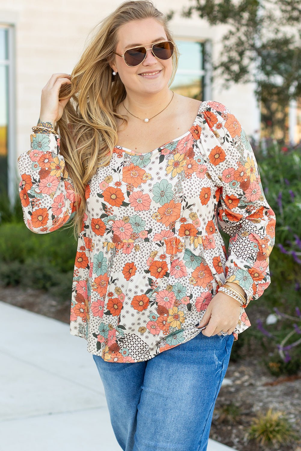 Khaki Plus Size Flower Print Square Neck Peplum Blouse - Naughty Girl Essentials
