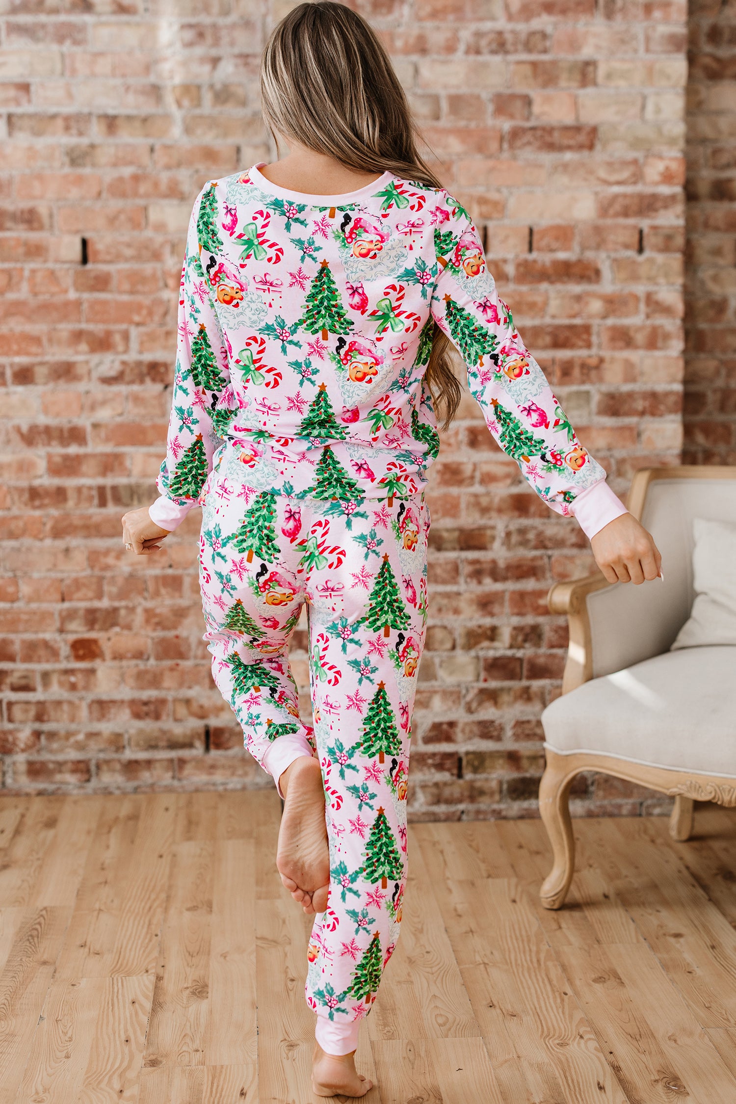 Pink Christmas Pattern Button V-Neck Pullover & Drawstring Pants Lounge Set – 2 Piece