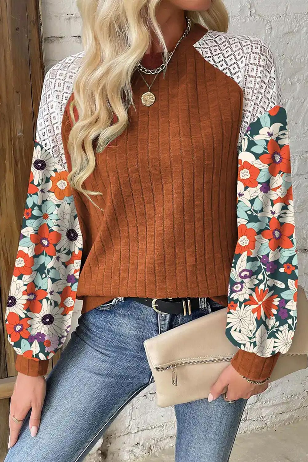 Laurel Green Floral Patchwork Long Sleeve Ribbed Blouse - Naughty Girl Essentials