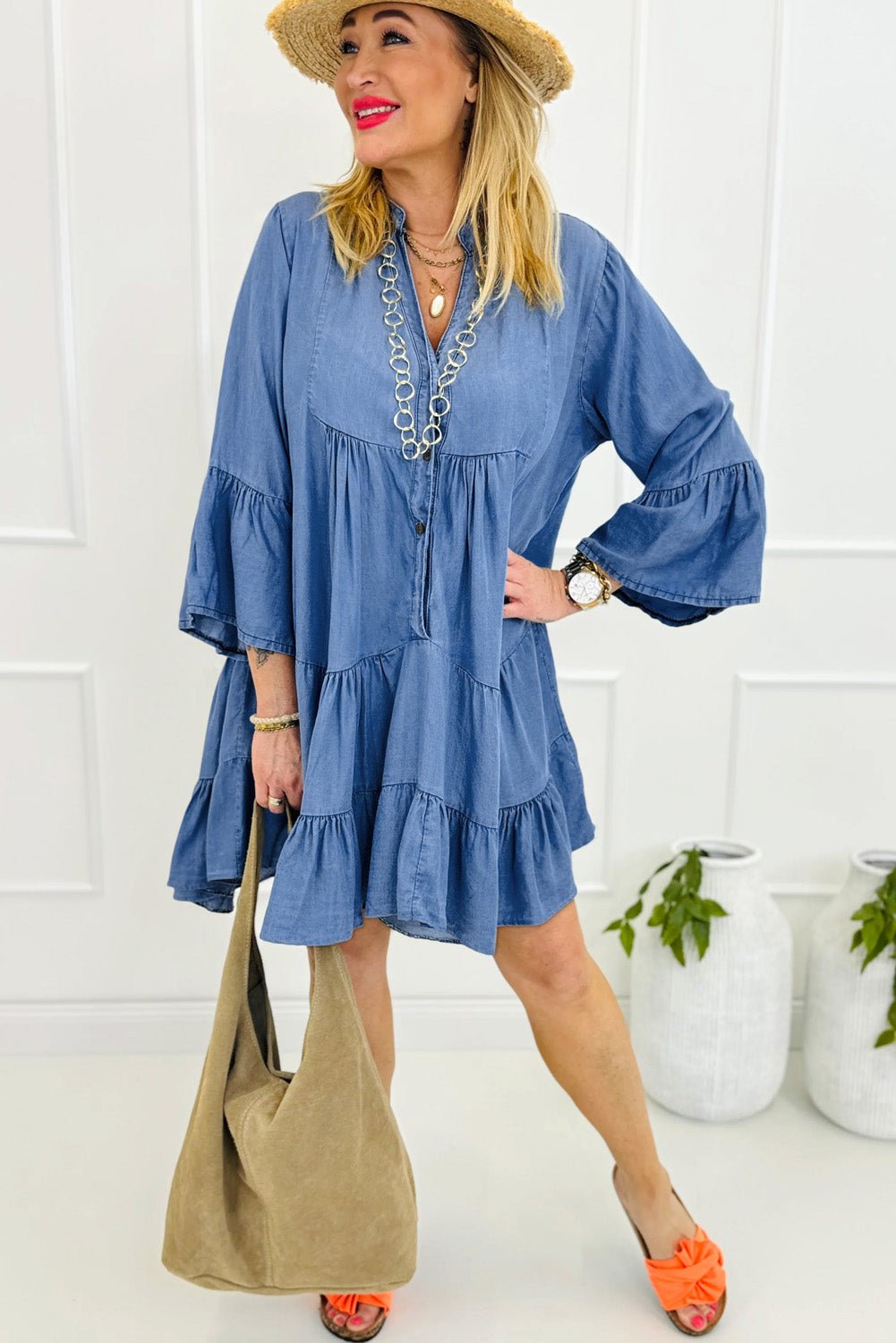 Black Chambray Ruffled 3/4 Sleeve Tiered Split V Neck Mini Dress - Naughty Girl Essentials