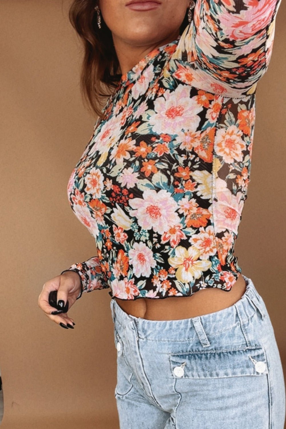 Orange Floral Mesh Slim Long Sleeve Crop Top - Naughty Girl Essentials