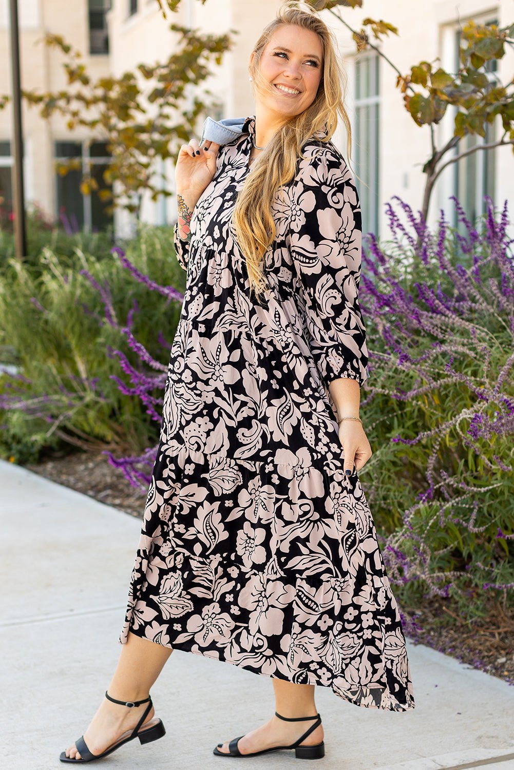 Black Plus Size Floral Printed Puff Sleeve Collared Maxi Dress - Naughty Girl Essentials