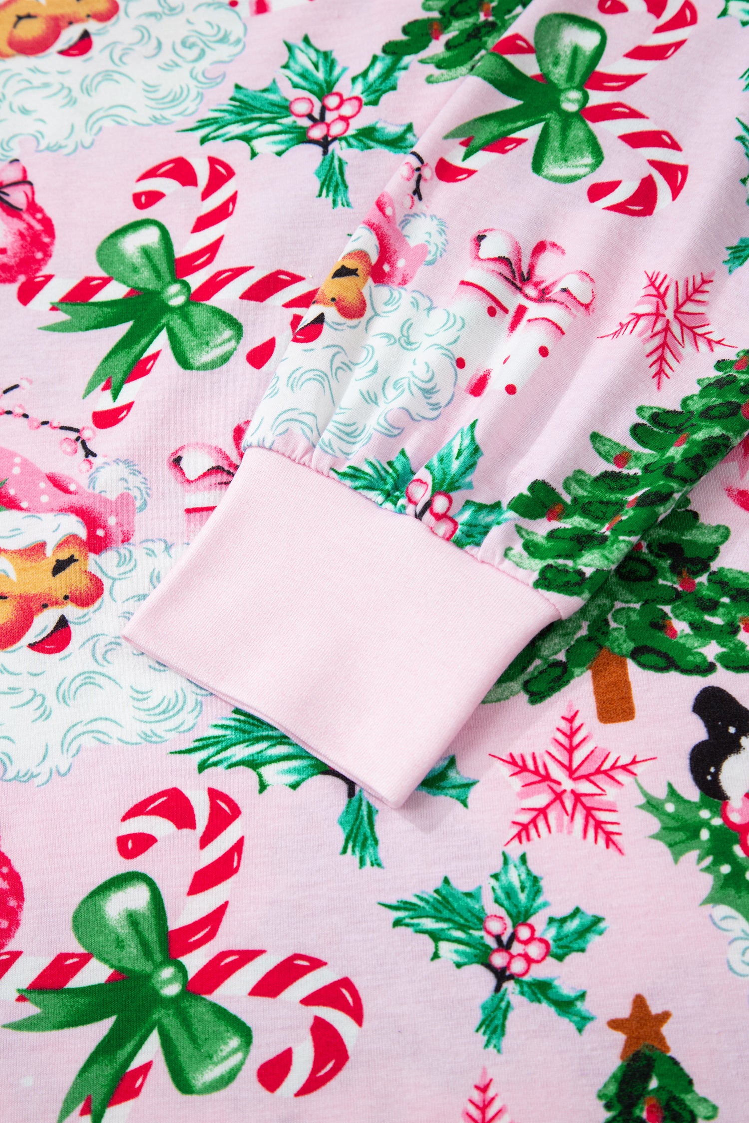 Pink Christmas Pattern Button V-Neck Pullover & Drawstring Pants Lounge Set – 2 Piece