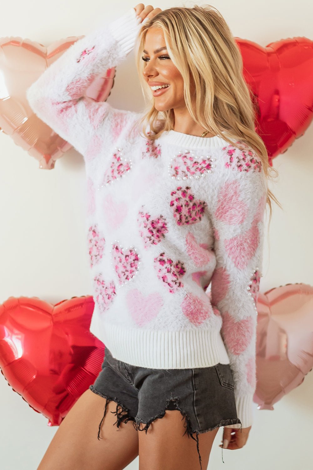 Pink Heart Leopard Print Pearled Ribbed Trim Fuzzy Sweater - Naughty Girl Essentials