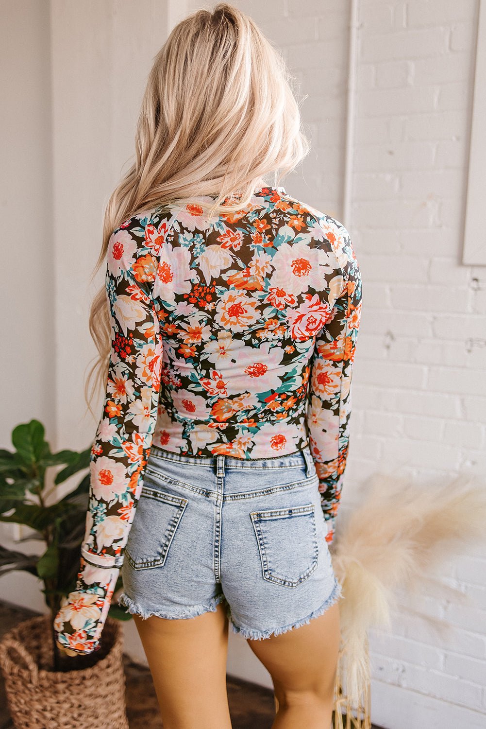 Orange Floral Mesh Slim Long Sleeve Crop Top - Naughty Girl Essentials
