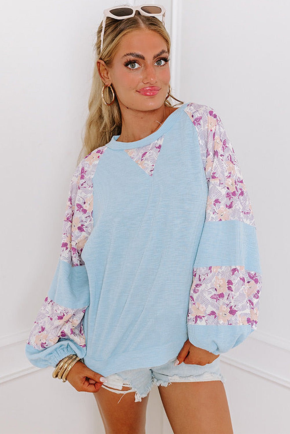 Beau Blue Textured Floral Patchwork Balloon Sleeve Blouse - Naughty Girl Essentials
