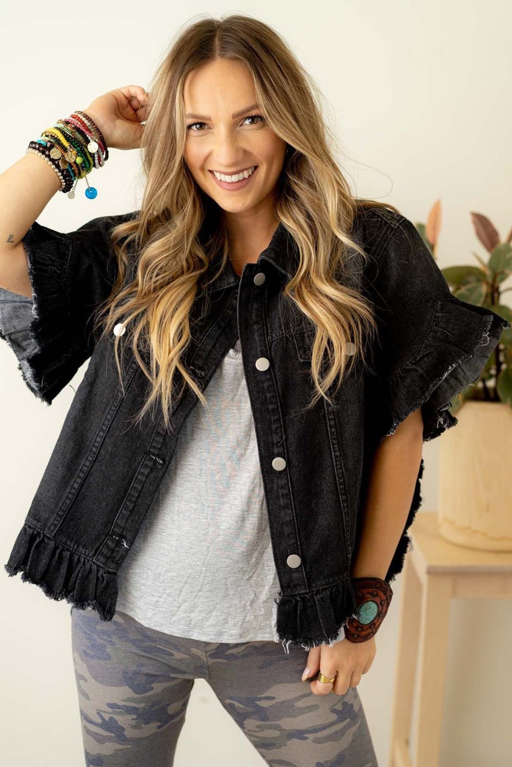 Black Raw Edge Ruffled Short Sleeve Denim Jacket - Naughty Girl Essentials