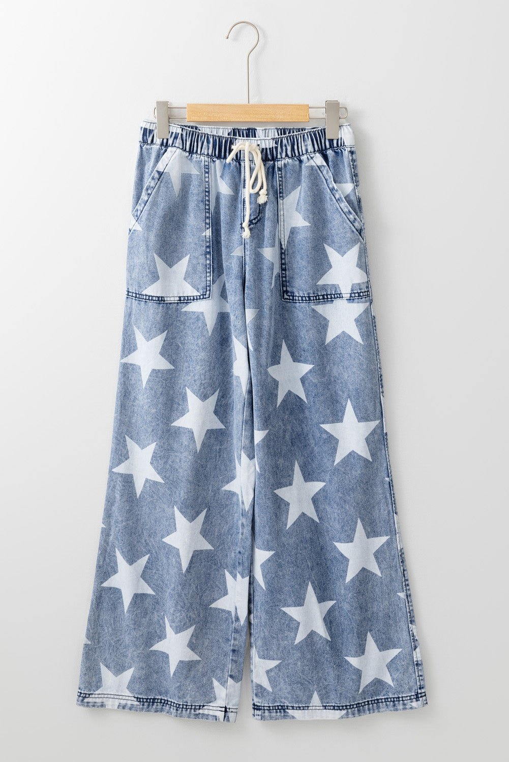 Light Blue Star Print Light Wash Drawstring High Waist Wide Leg Jeans - Naughty Girl Essentials