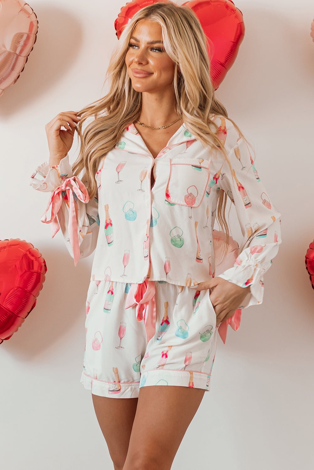 White Christmas Wine Glass Print Bow Knot Two Piece Pajama Set - Naughty Girl Essentials