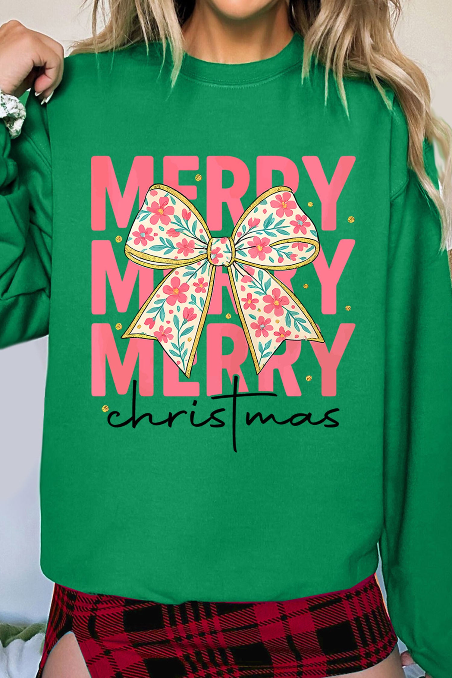 Dark Green “MERRY Christmas” Floral Bow Graphic Drop Shoulder Sweatshirt