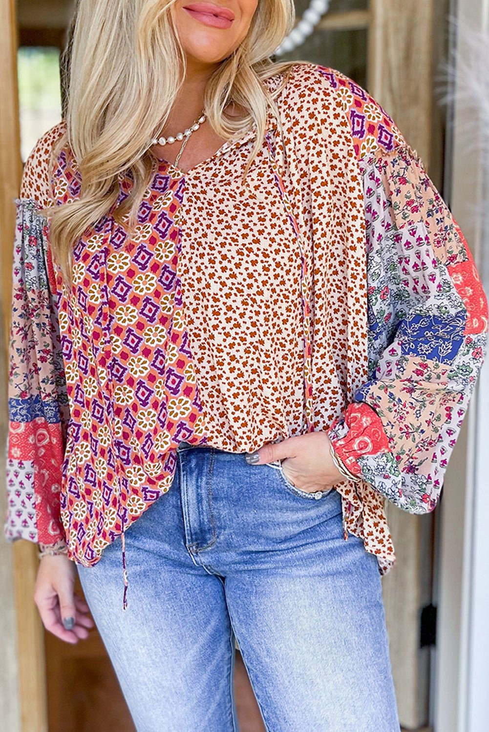 Orange Mixed Floral Printed Long Sleeve Tied V Neck Blouse - Naughty Girl Essentials
