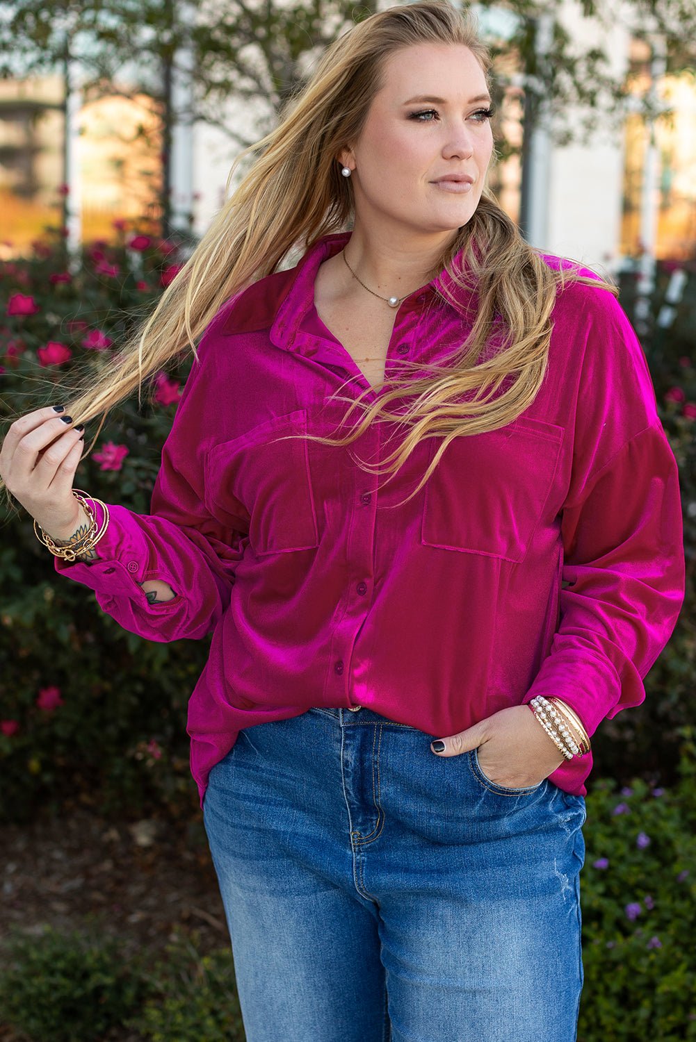 Bright Pink Plus Size Velvet Chest Pocket Drop Shoulder Shirt - Naughty Girl Essentials