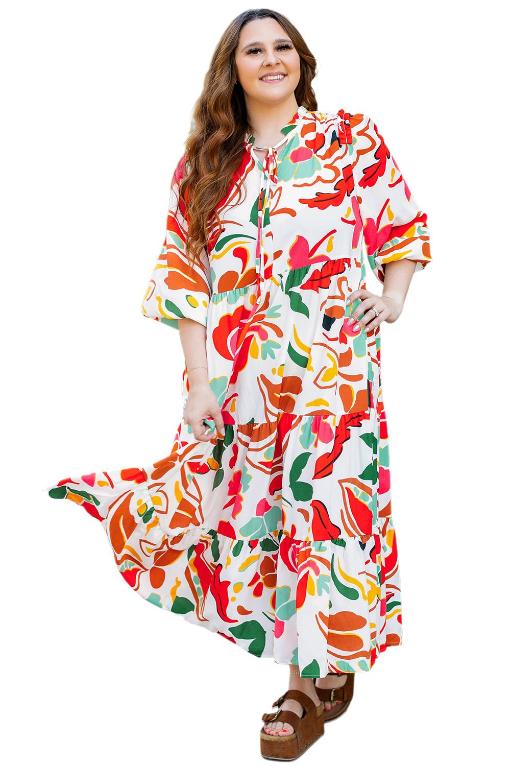 Orange Floral Print Drawstring V Neck Tiered Plus Size Dress - Naughty Girl Essentials
