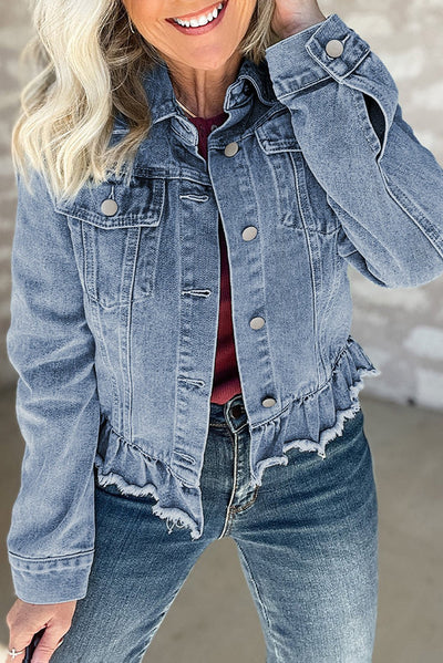 Beau Blue Ruffle Raw Hem Flap Pockets Denim Jacket - Naughty Girl Essentials