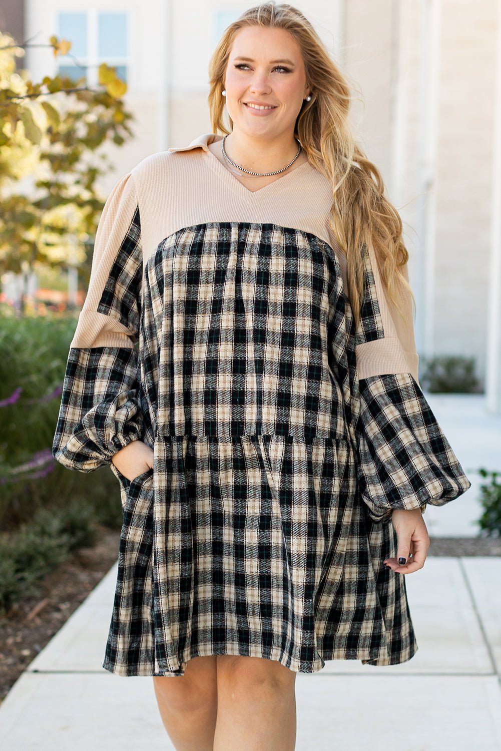 Black Plaid Waffle Knit Patchwork Collared V Neck Plus Size Mini Dress - Naughty Girl Essentials