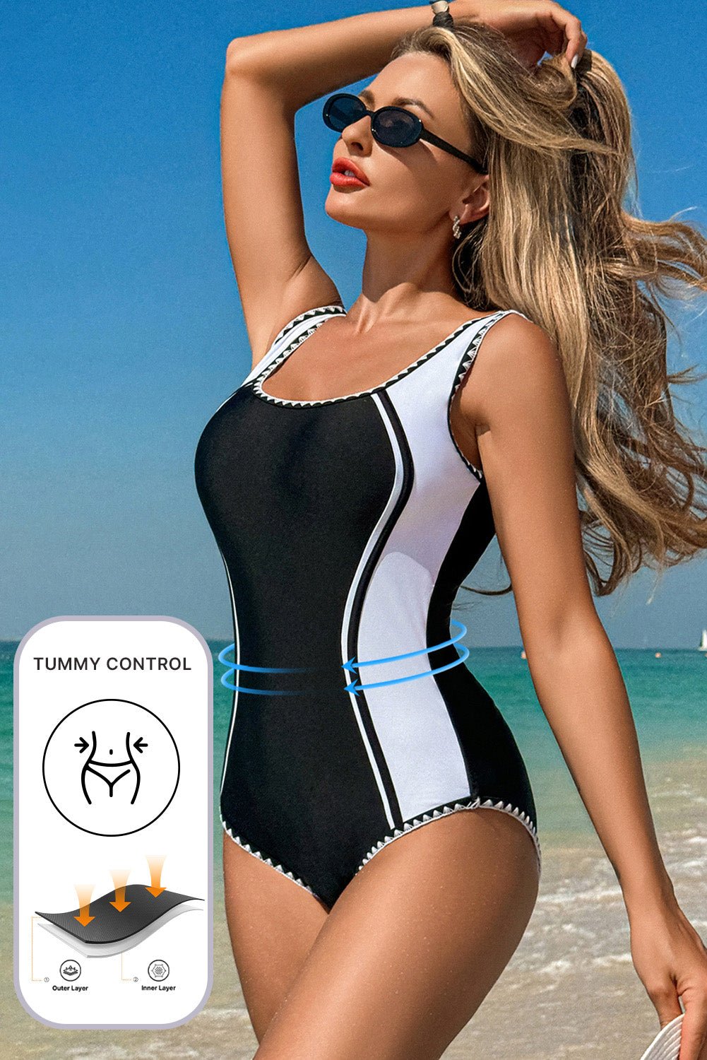 Black Color Block Ric Rac Trim U Neck One Piece Swimsuit - Naughty Girl Essentials