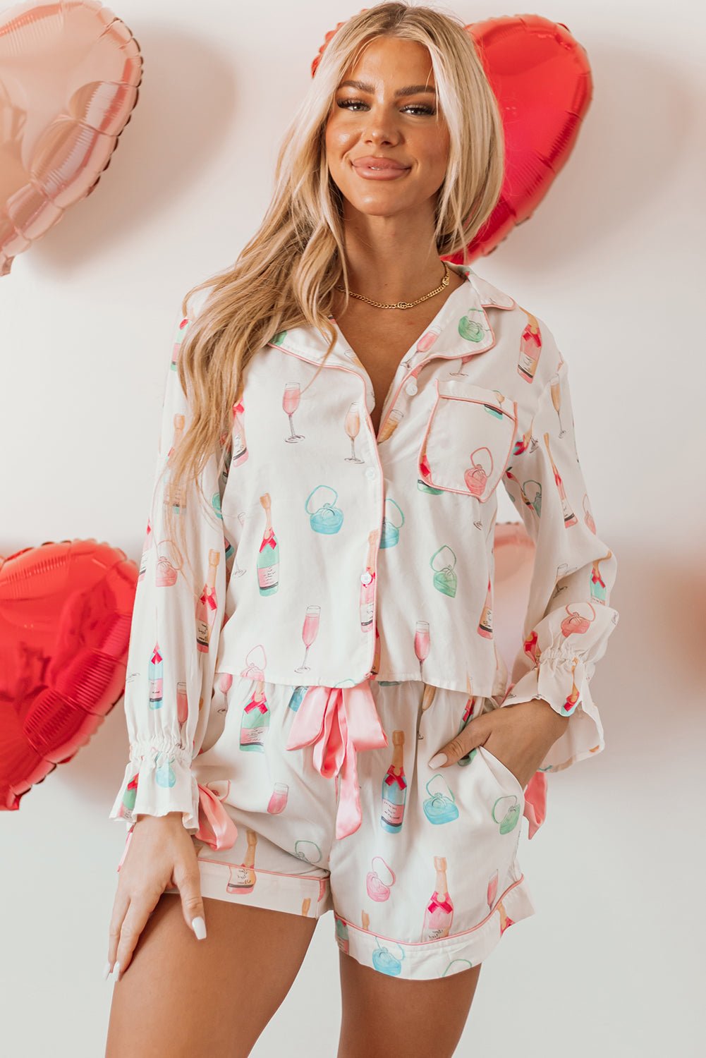 White Christmas Wine Glass Print Bow Knot Two Piece Pajama Set - Naughty Girl Essentials