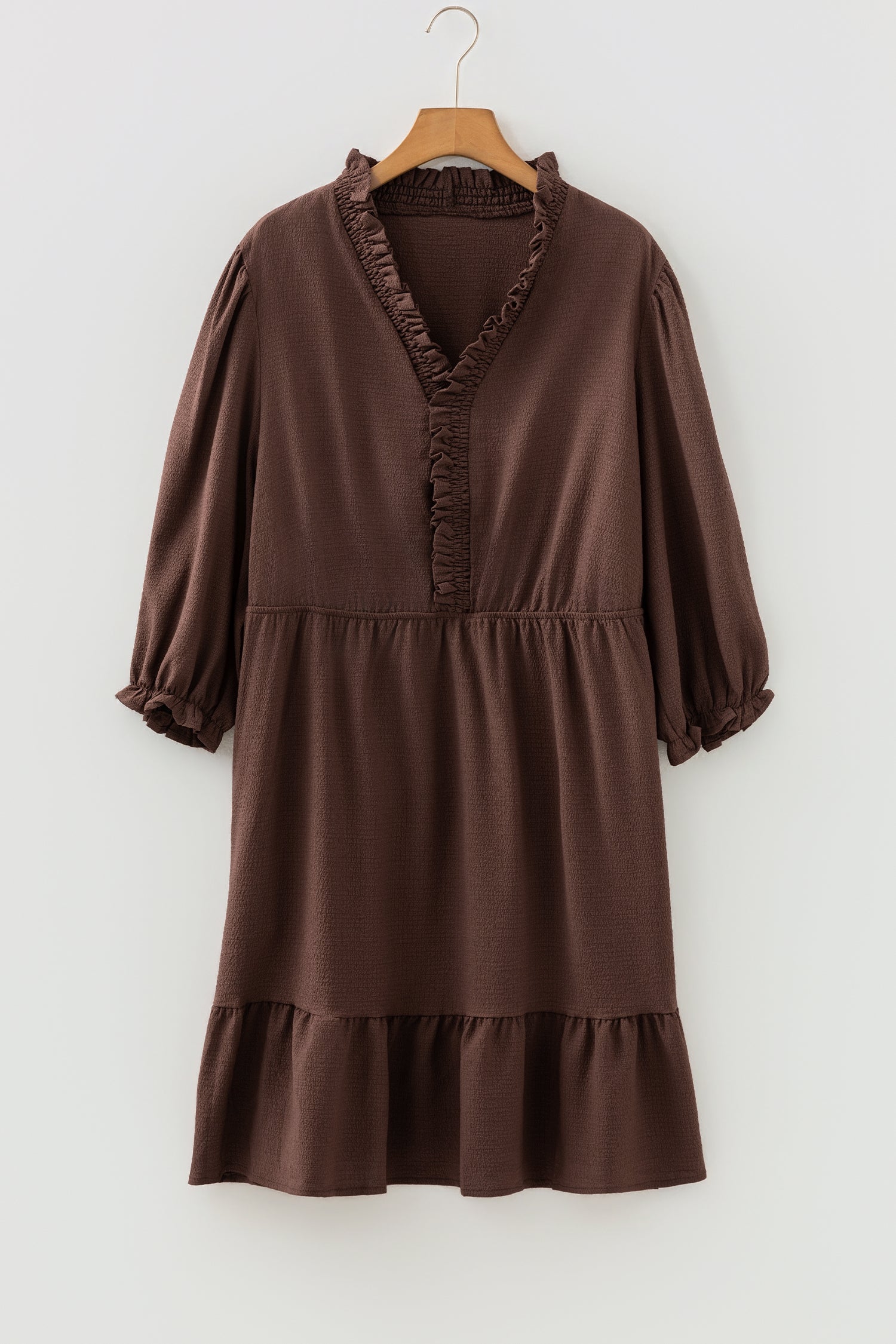 Coffee Plus Size Frilled Trim V-Neck Puff Sleeve Textured Mini Dress