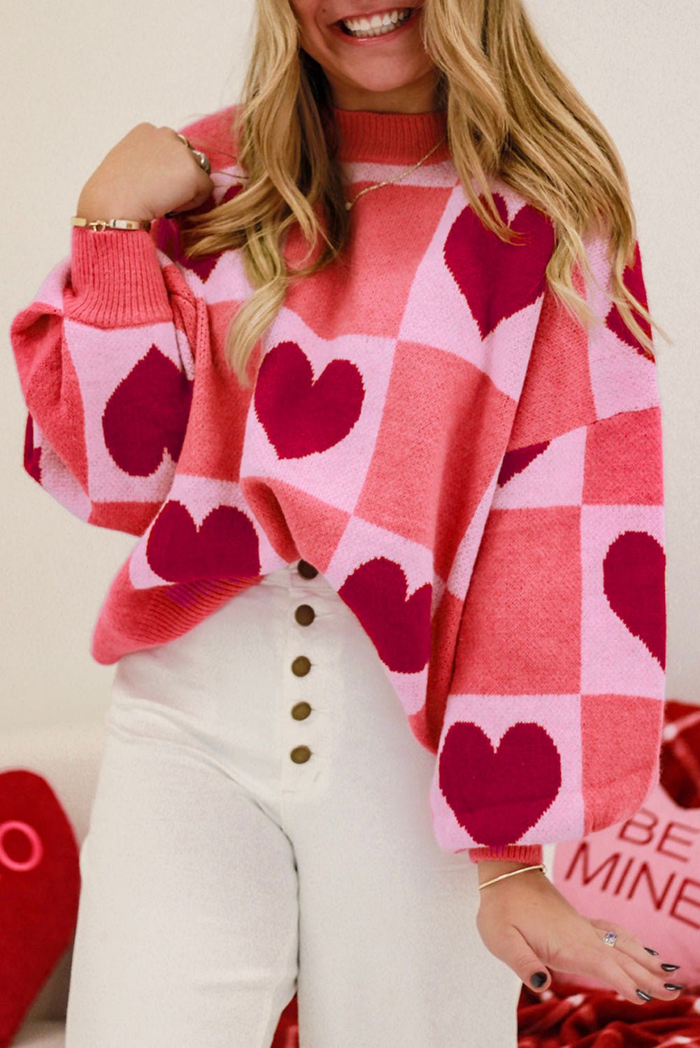 Pink Plus Size Love Heart Block Mock Neck Lantern Sleeve Valentine Sweater - Naughty Girl Essentials