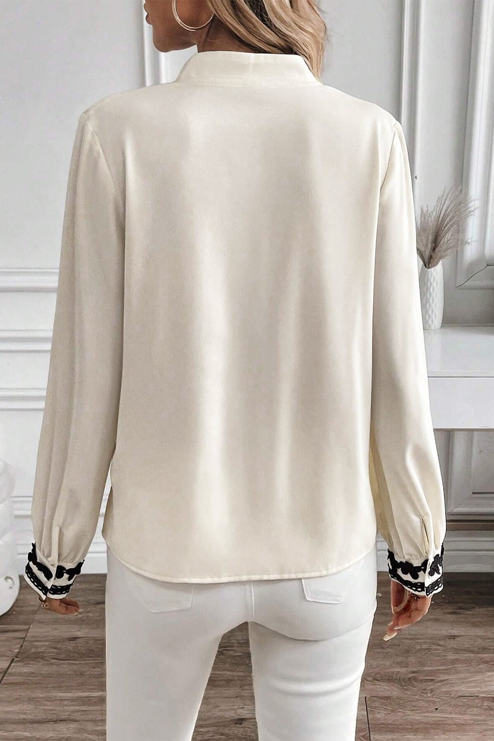 Beige Floral Embroidered Stand Neck Buttoned Shirt - Naughty Girl Essentials