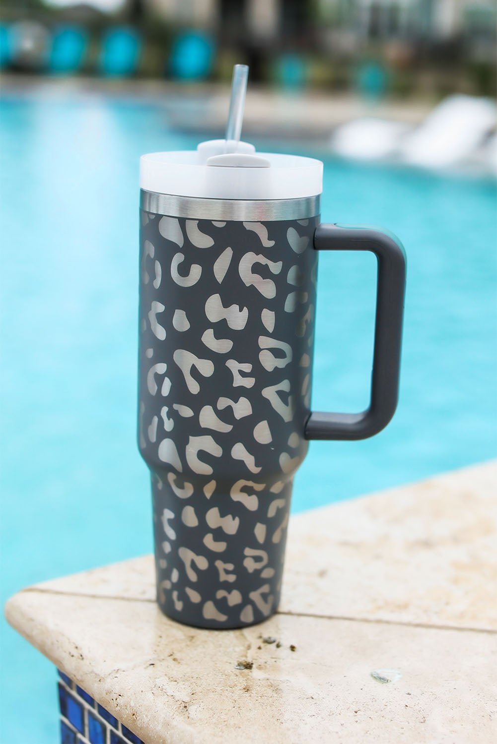 Gray Leopard Print 40OZ Stainless Steel Portable Cup with Handle - Naughty Girl Essentials