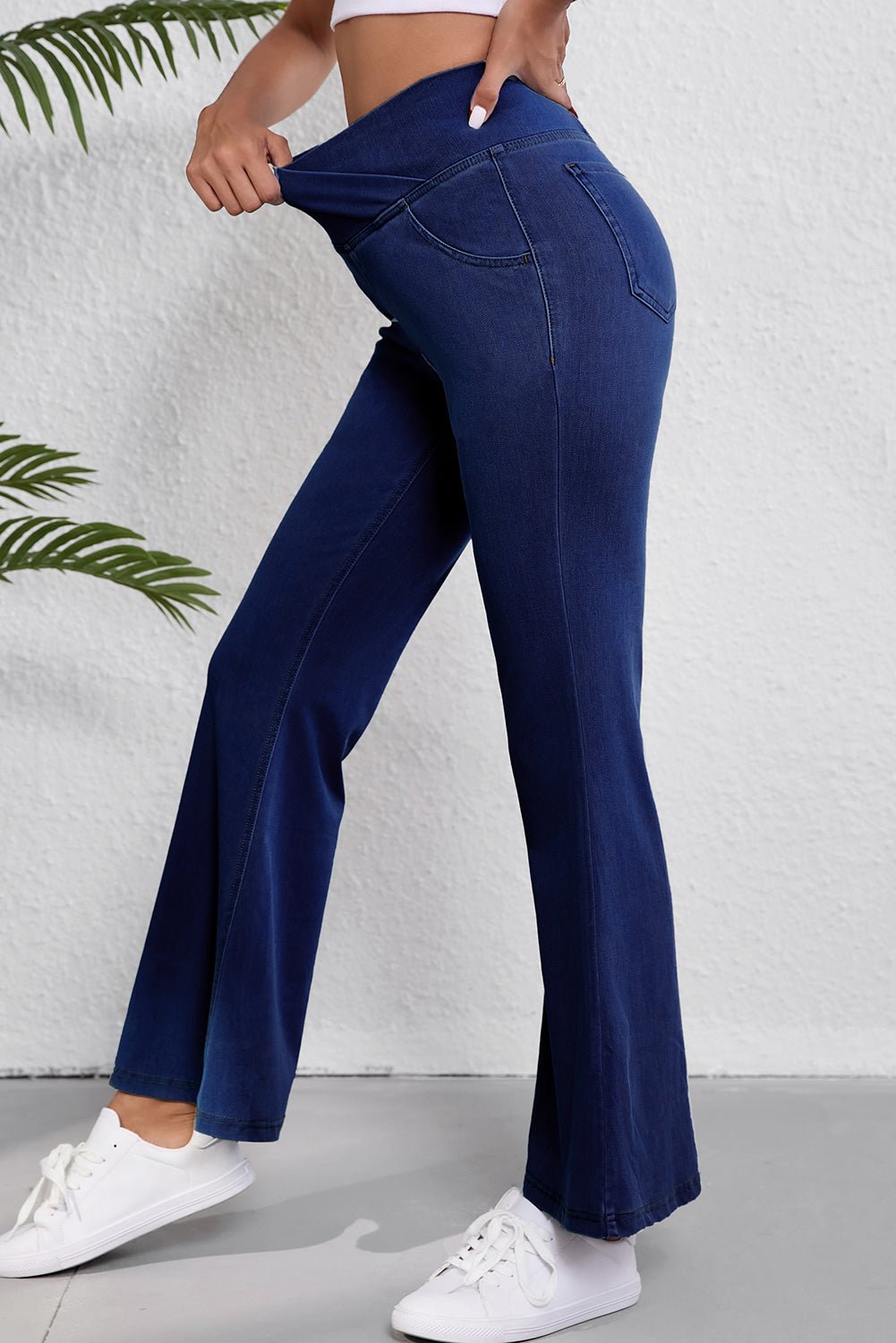 Dusk Blue Solid Crossed Waist High Elastic Fit Flare Knit Jeans - Naughty Girl Essentials