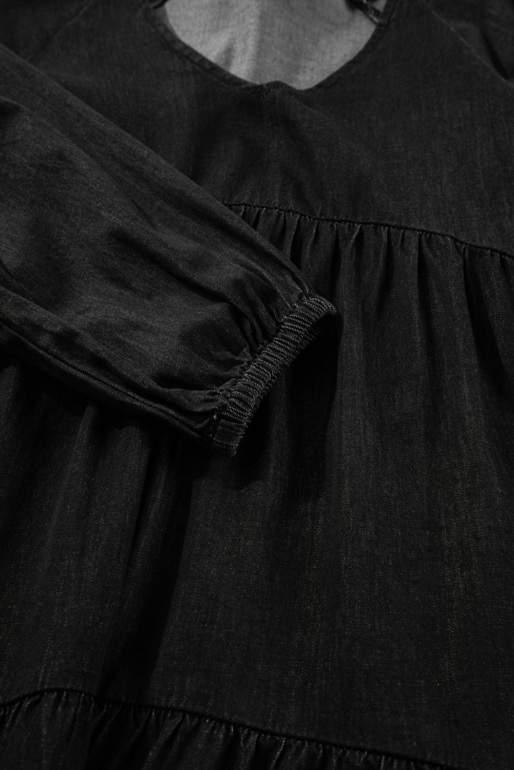 Black Puff Sleeve V Neck Tiered Ruffled Chambray Mini Dress - Naughty Girl Essentials