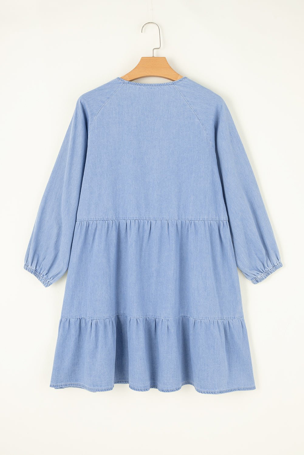 Black Puff Sleeve V Neck Tiered Ruffled Chambray Mini Dress - Naughty Girl Essentials