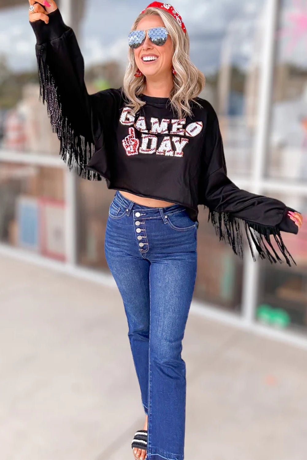 Black GAME DAY Rugby Sequined Tasseled Cropped Sweatshirt - Naughty Girl Essentials