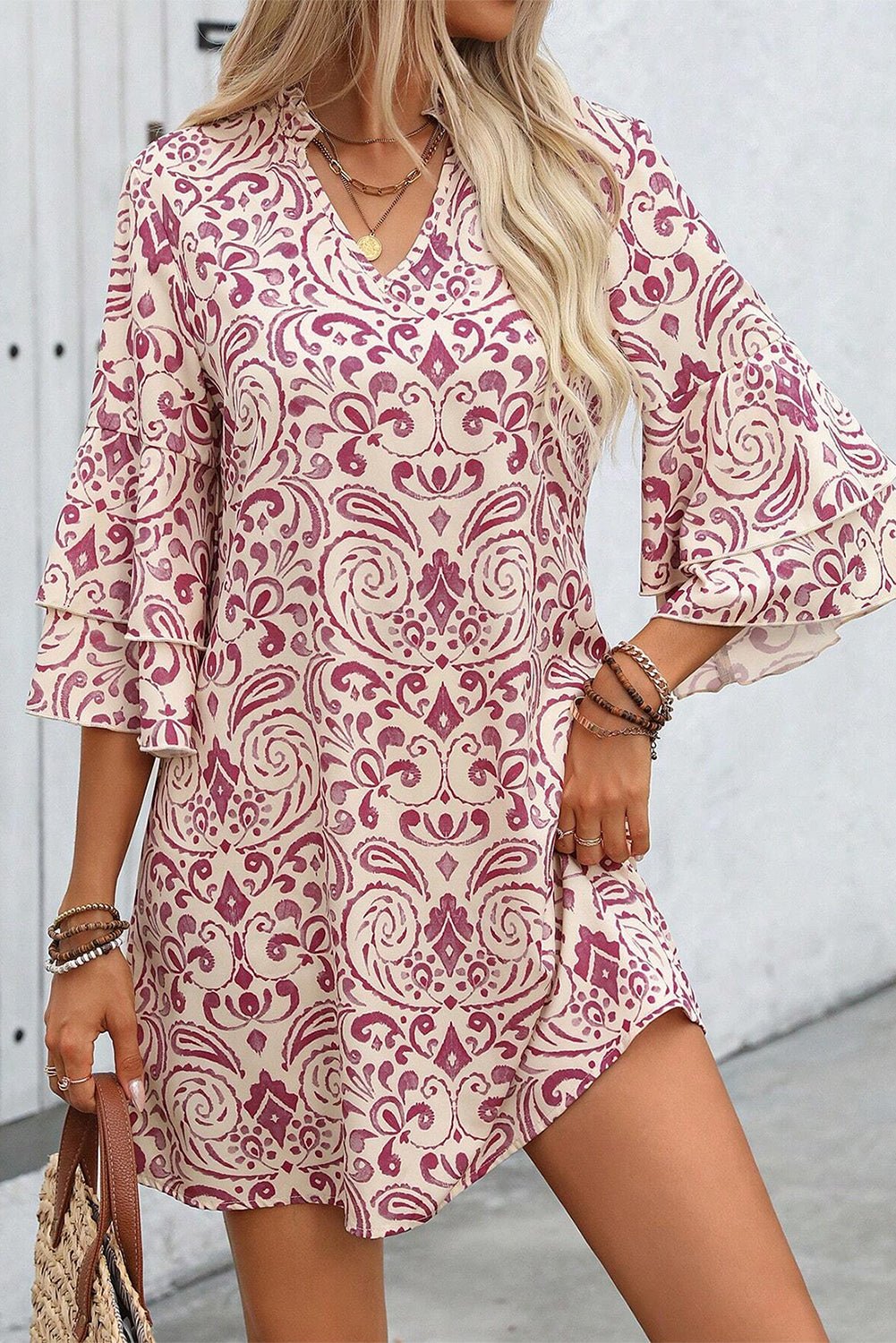 Pink Paisley Print Tiered 3/4 Sleeve Notched Neck Mini Dress - Naughty Girl Essentials