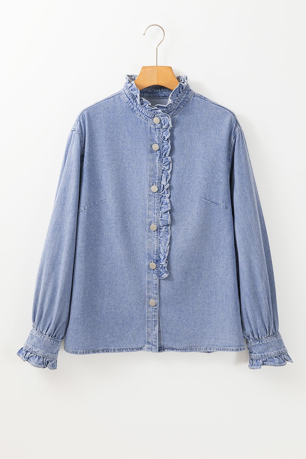 Beau Blue Ruffled Long Sleeve Buttoned Denim Shirt - Naughty Girl Essentials