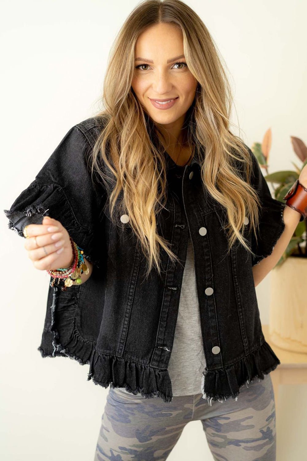Black Raw Edge Ruffled Short Sleeve Denim Jacket - Naughty Girl Essentials